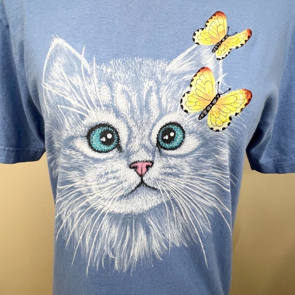 Top Stitch by Morning Sun Cat Kitten Embroidered Butterfly’s Tee Shirt Small - Picture 3 of 10